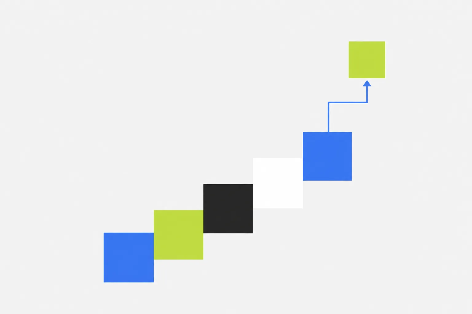 Flat geometric illustration of solid squares rising like a staircase, with one square breaking free above the top step