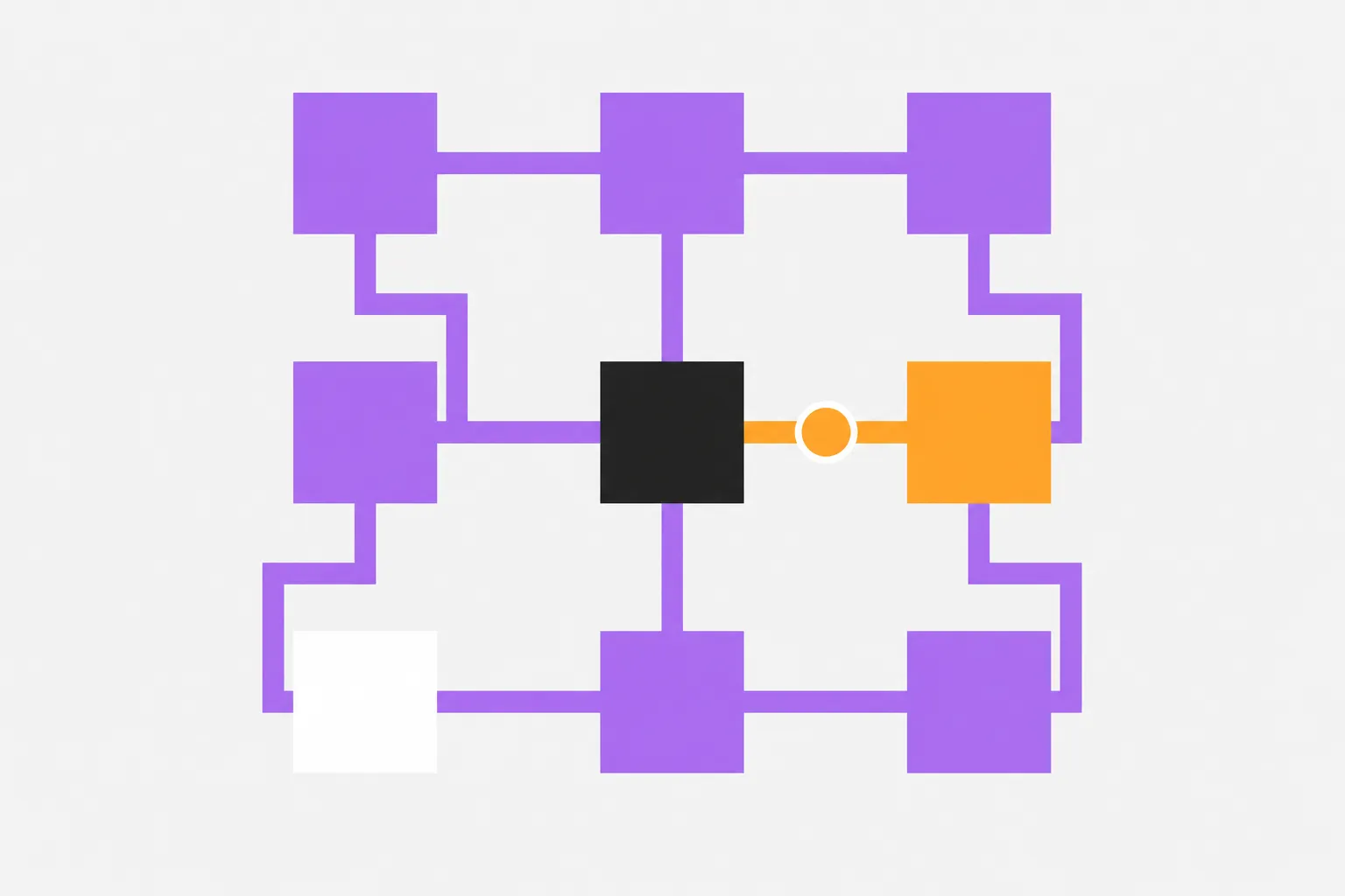 Flat geometric illustration of a grid of squares joined by right-angle pipeline lines, one square inverted to black