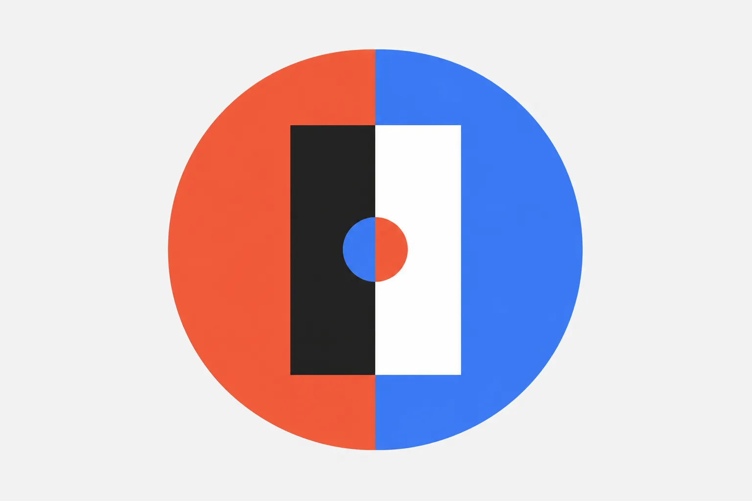 Flat geometric illustration of two half-discs facing each other with a rectangle and a small circle across the seam