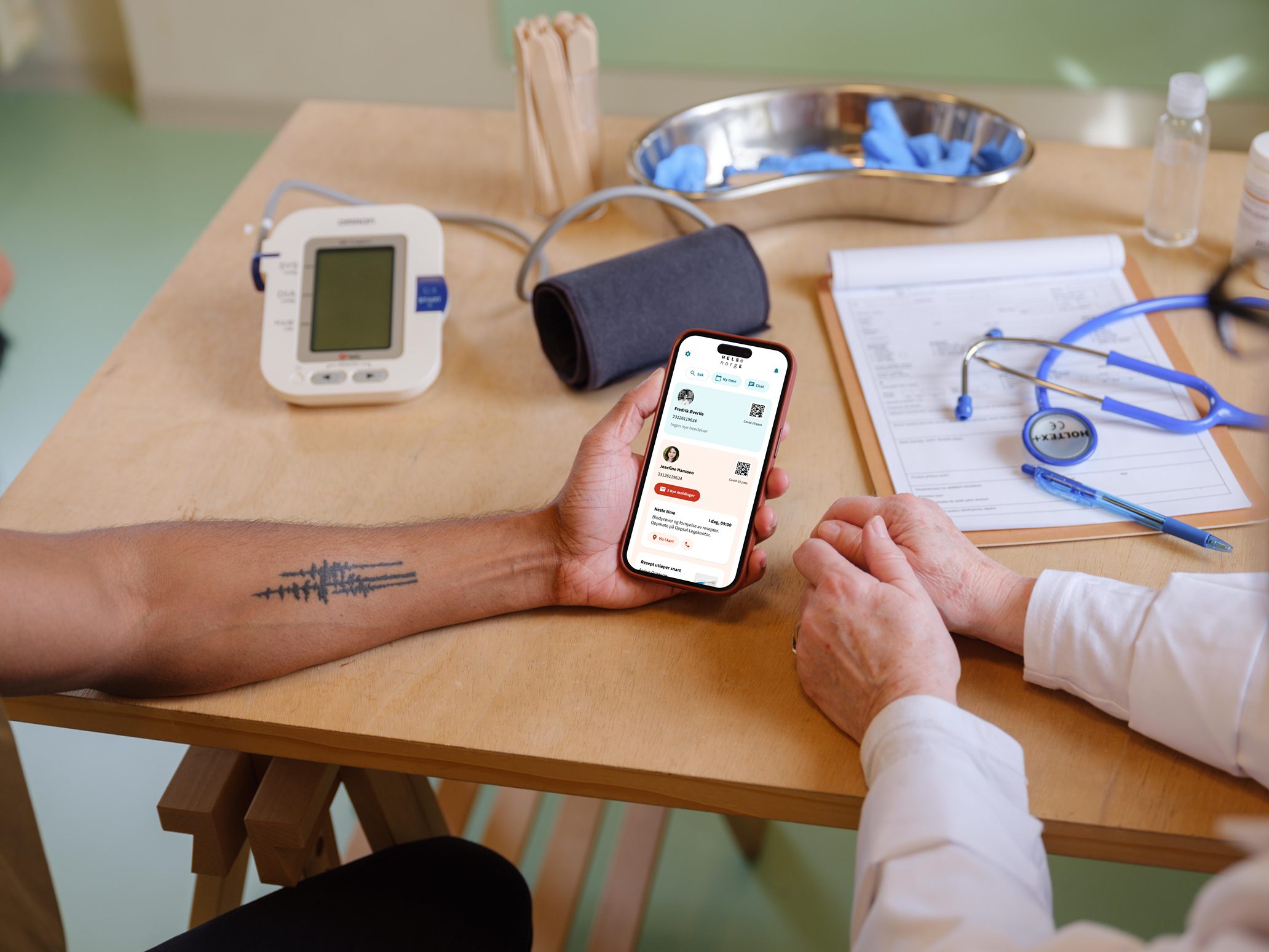 A patient holding a phone in a doctor's office