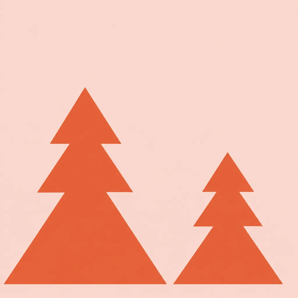 Two coral coloured conifer trees on a pale pink background