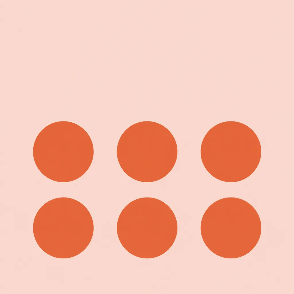 Six coral circles in two rows on a pale pink background