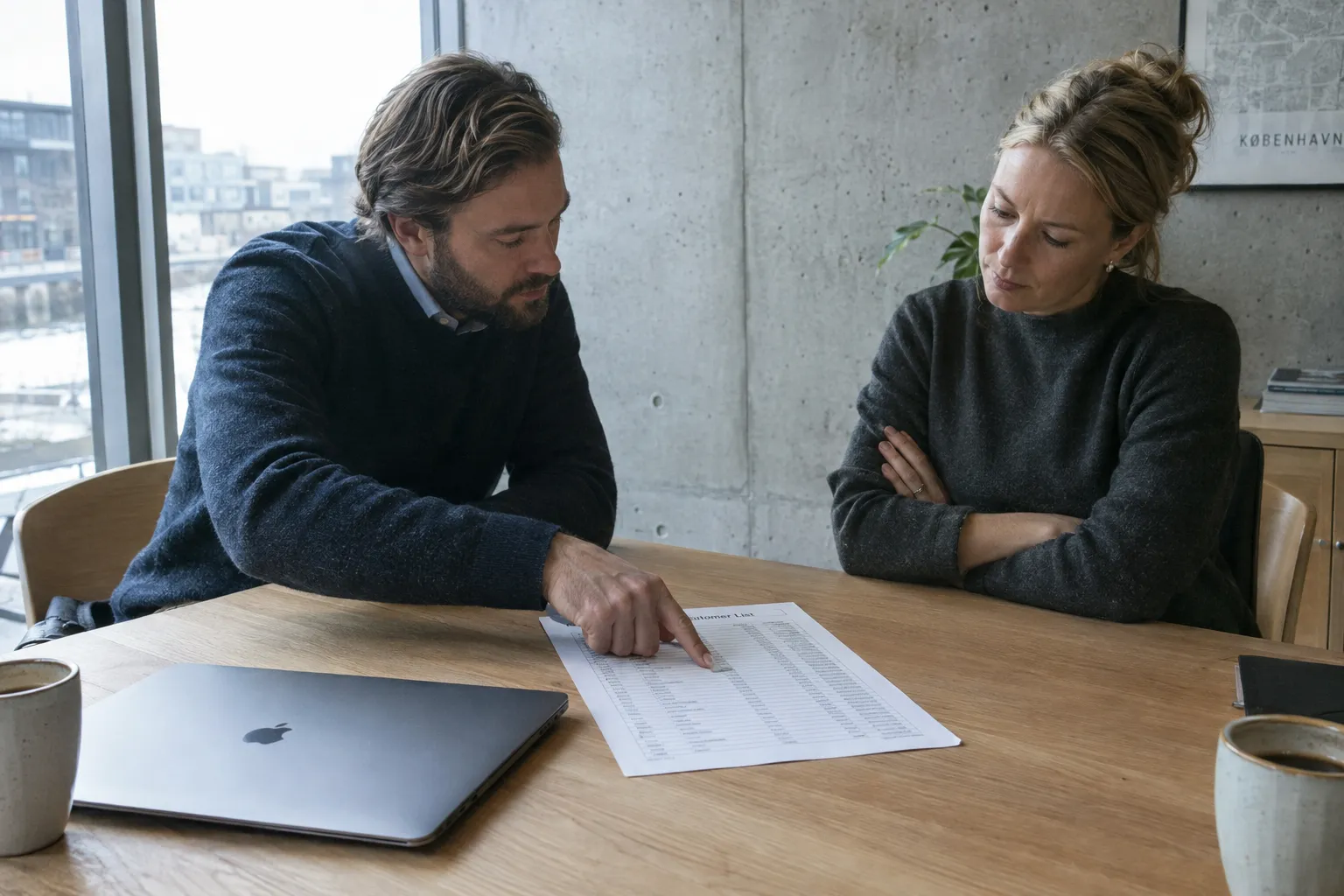 Two people at a meeting table, one pointing at a printed customer list while the other sits back.