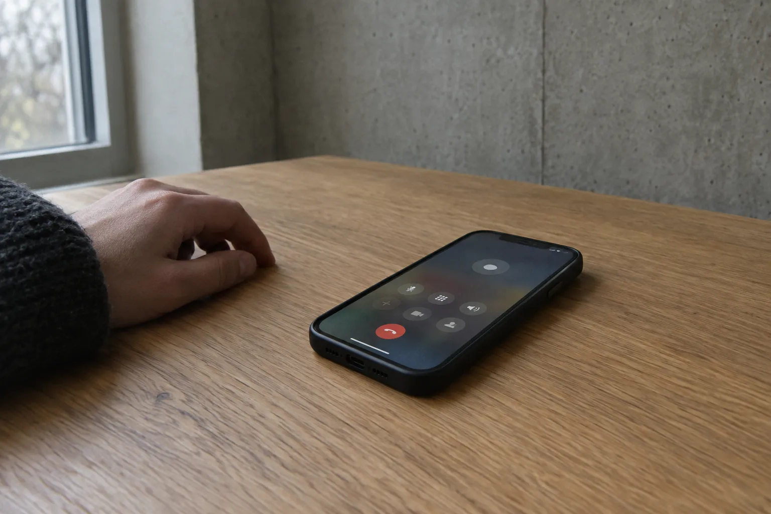 Smarttelefon som ligger med skjermen opp på et tomt skrivebord under en pågående samtale.