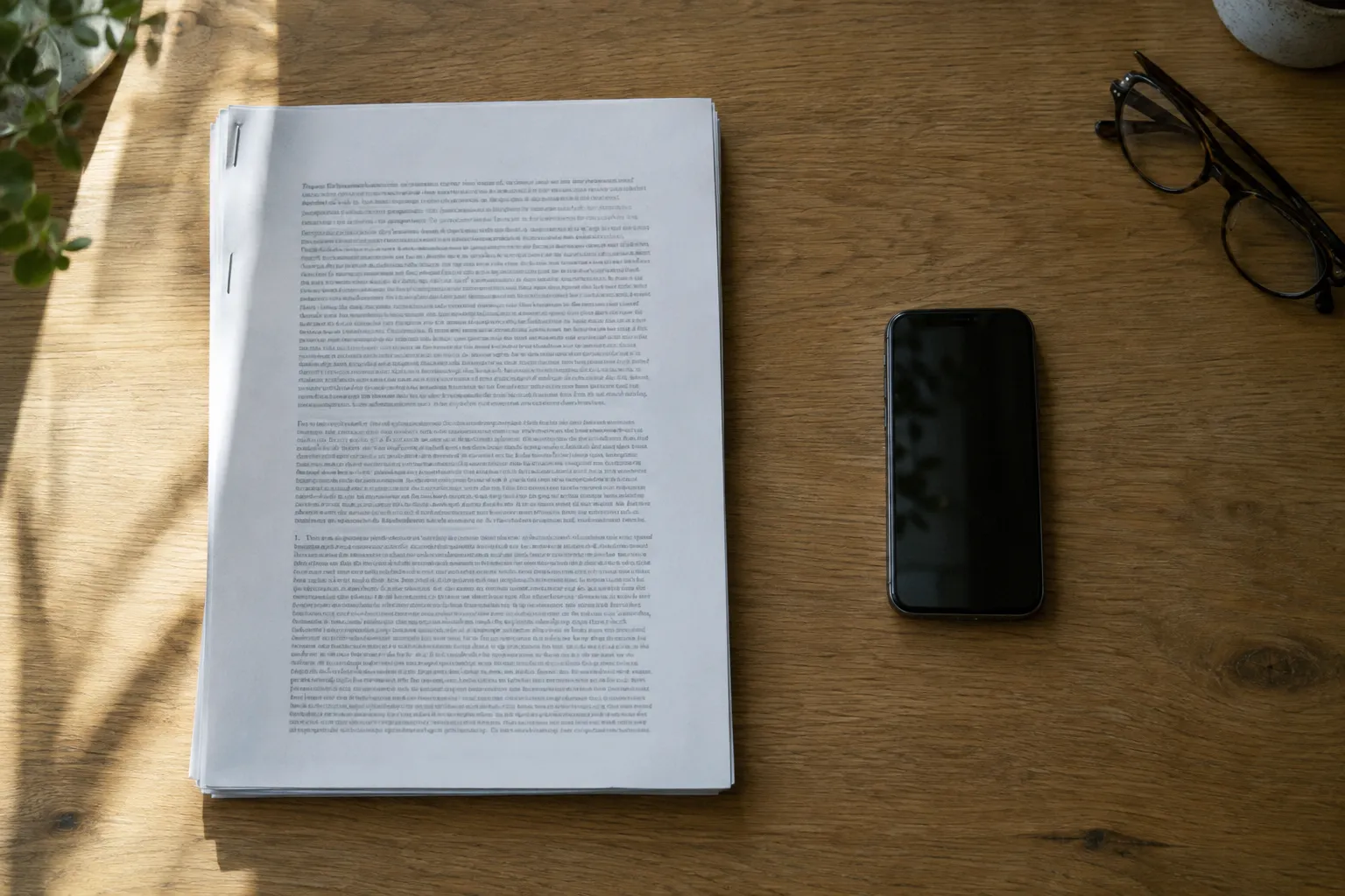 A thick legal document and a smartphone on opposite sides of a desk seen from above.