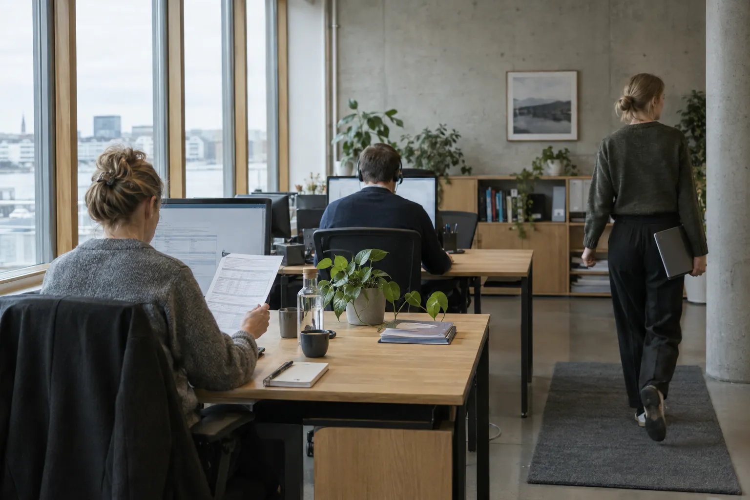 An open-plan office where three people work through routine casework.