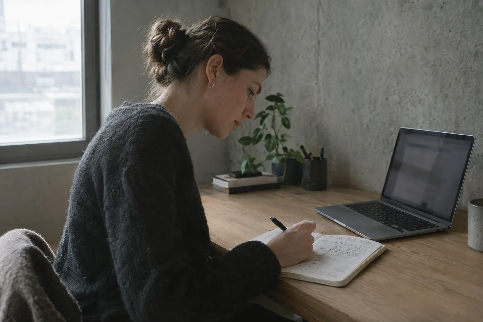 A person taking notes in a notebook at a desk, with a laptop turned slightly away.