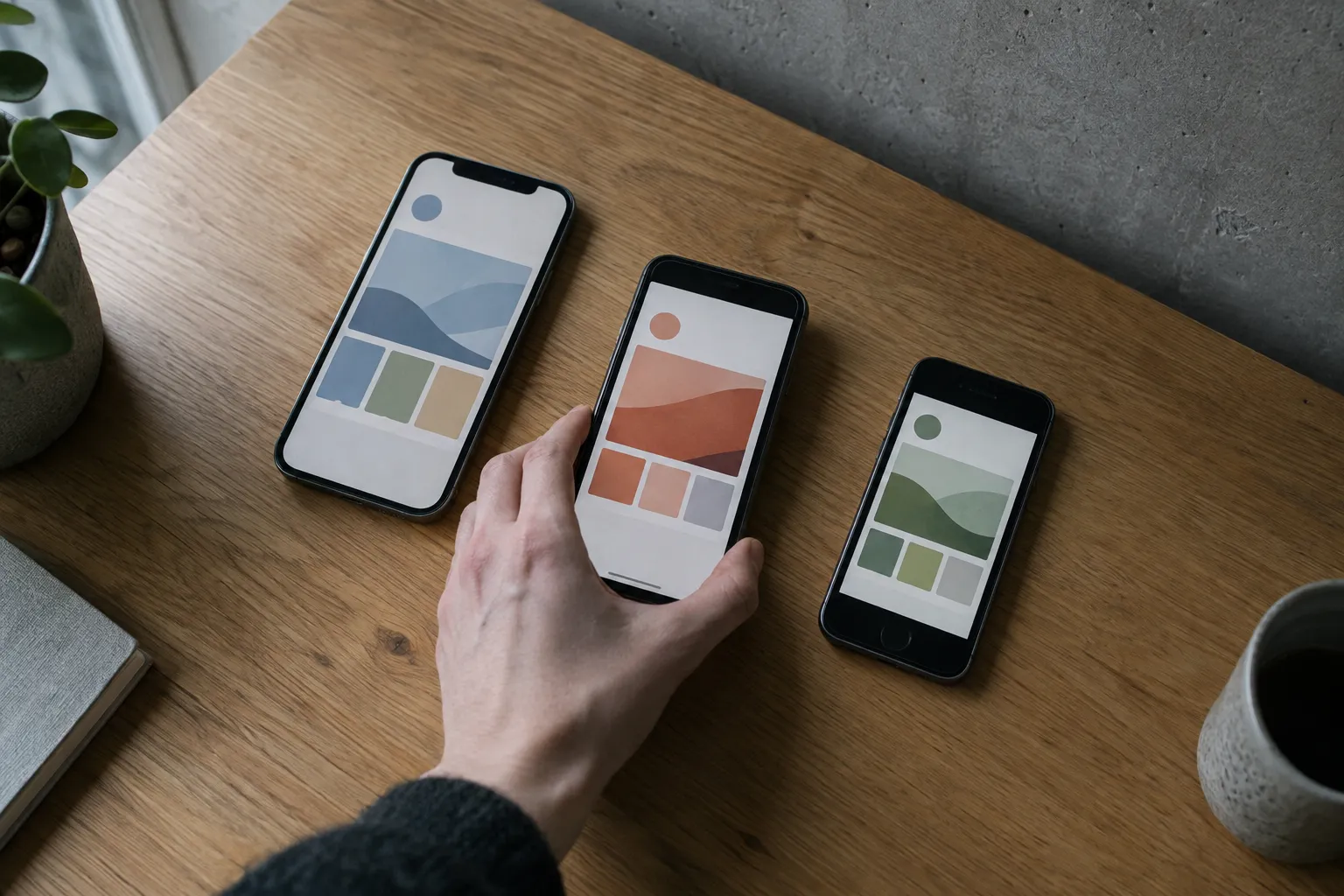 Three phones side by side on a table showing the same app layout, a hand lifting the middle one.