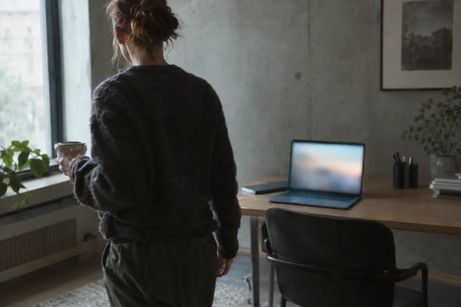 A person walking away from their desk with a coffee cup while the laptop is left open and working.