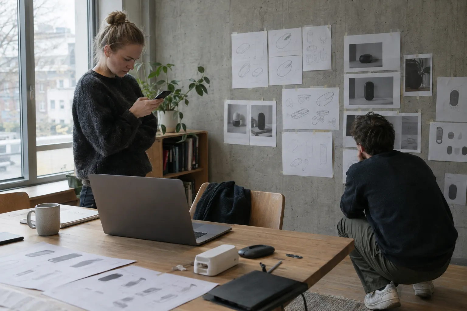 Lite studio med utskrevne skjermskisser teipet på betongveggen, en laptop med en halvferdig prototype og to personer som jobber.