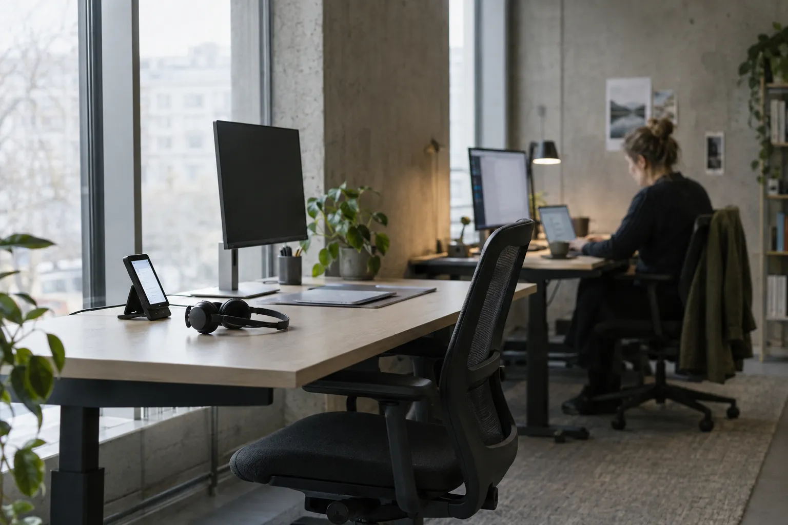 Two desks side by side: the nearer one empty with a headset left on it, while someone works on at the one behind.