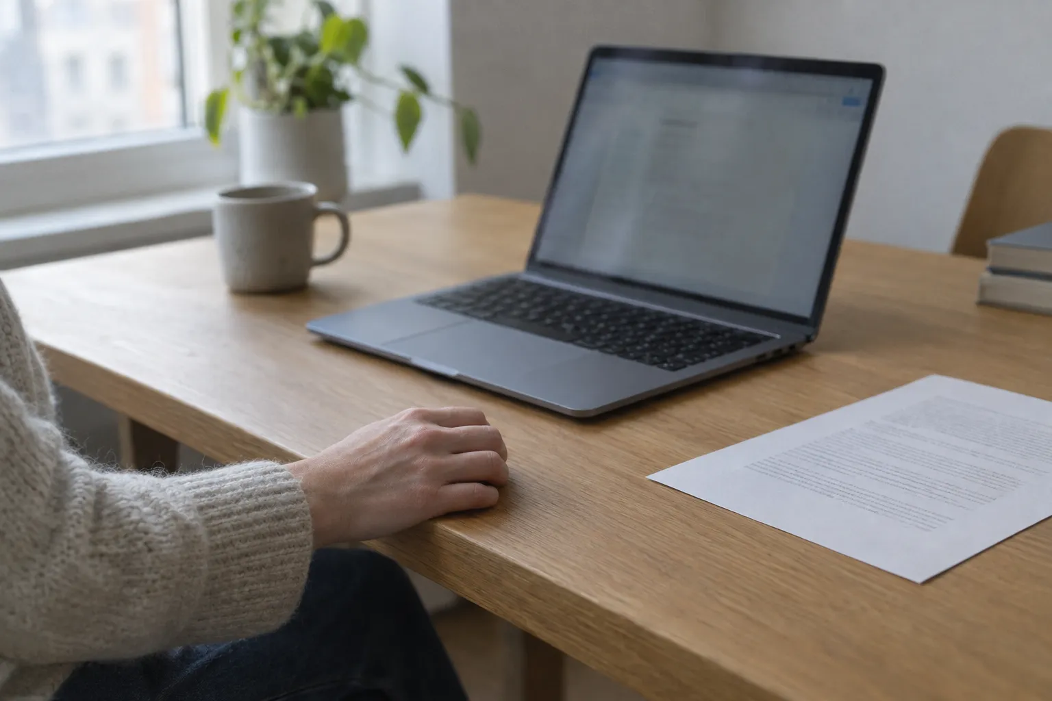 An open laptop working away on an oak desk, its screen turned aside and out of focus, a single printed sheet next to it and a hand resting still on the edge of the desk.