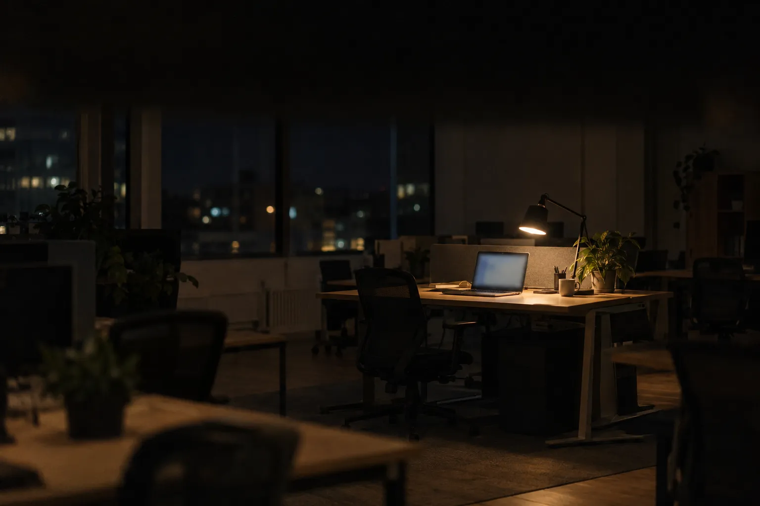 A nearly dark open-plan office in the evening with empty desks, one lamp lit over a single desk where an open laptop is still working, its screen turned away and out of focus.