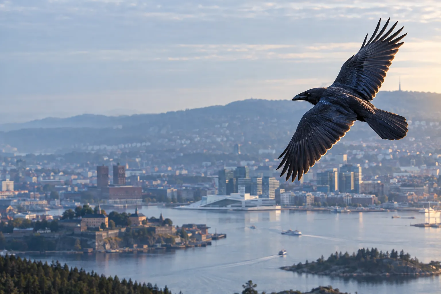 A raven in flight over the Oslo fjord at first light, with the Opera House, Barcode and the City Hall in the haze below