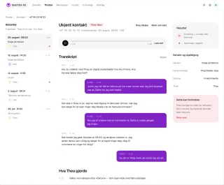 Transkripsjon av en samtale i Threll-konsollet med sammendrag og sentiment øverst