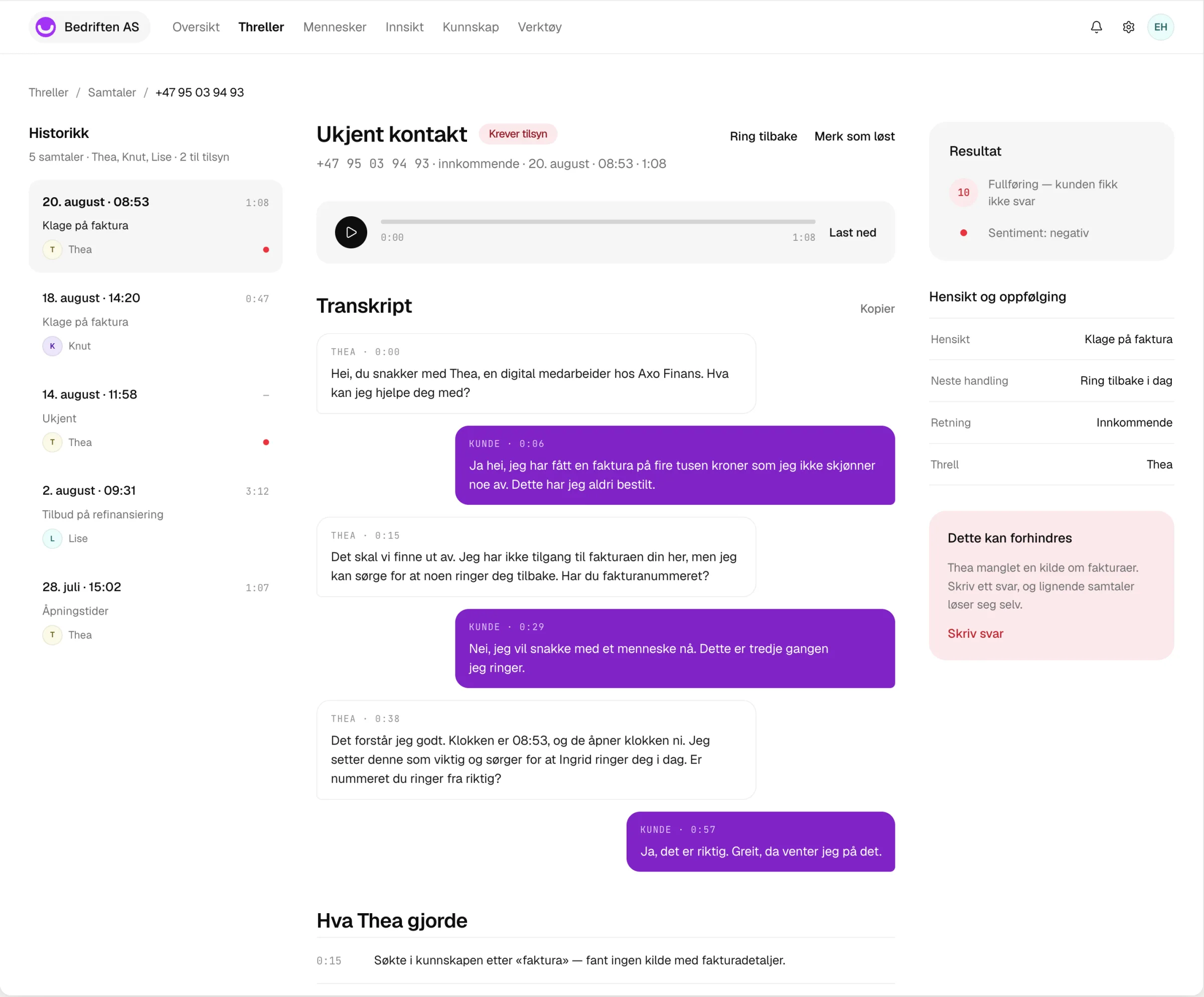Transkripsjon av en samtale i Threll-konsollet med sammendrag og sentiment øverst