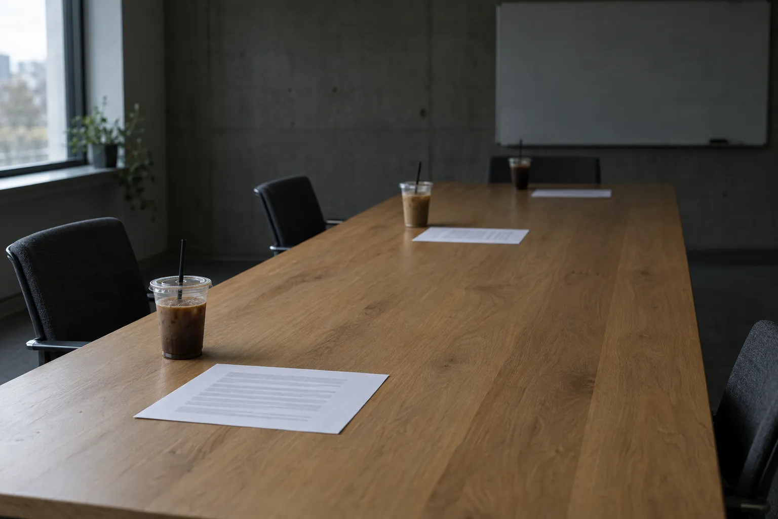 An empty oak table in daylight with three printed sheets lying far apart, each beside its own cup and pushed-back chair, in a room nobody is in.
