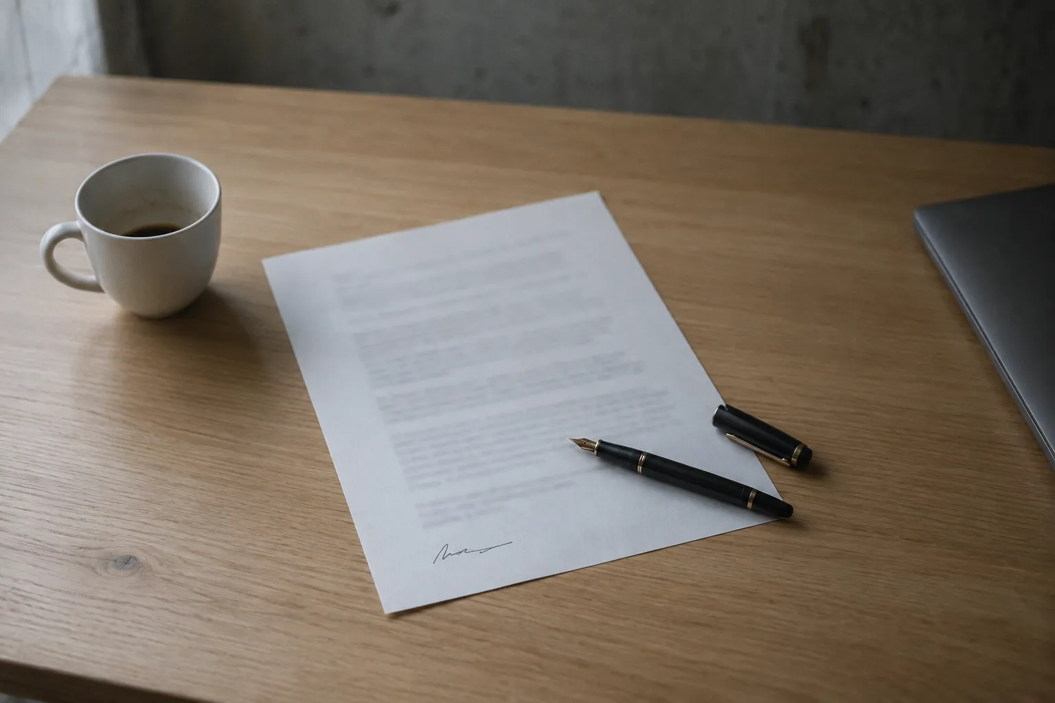 An oak desk seen from directly above in daylight, with a single printed sheet, a pen set down across its corner, a half-empty coffee cup and the blurred edge of a closed laptop.