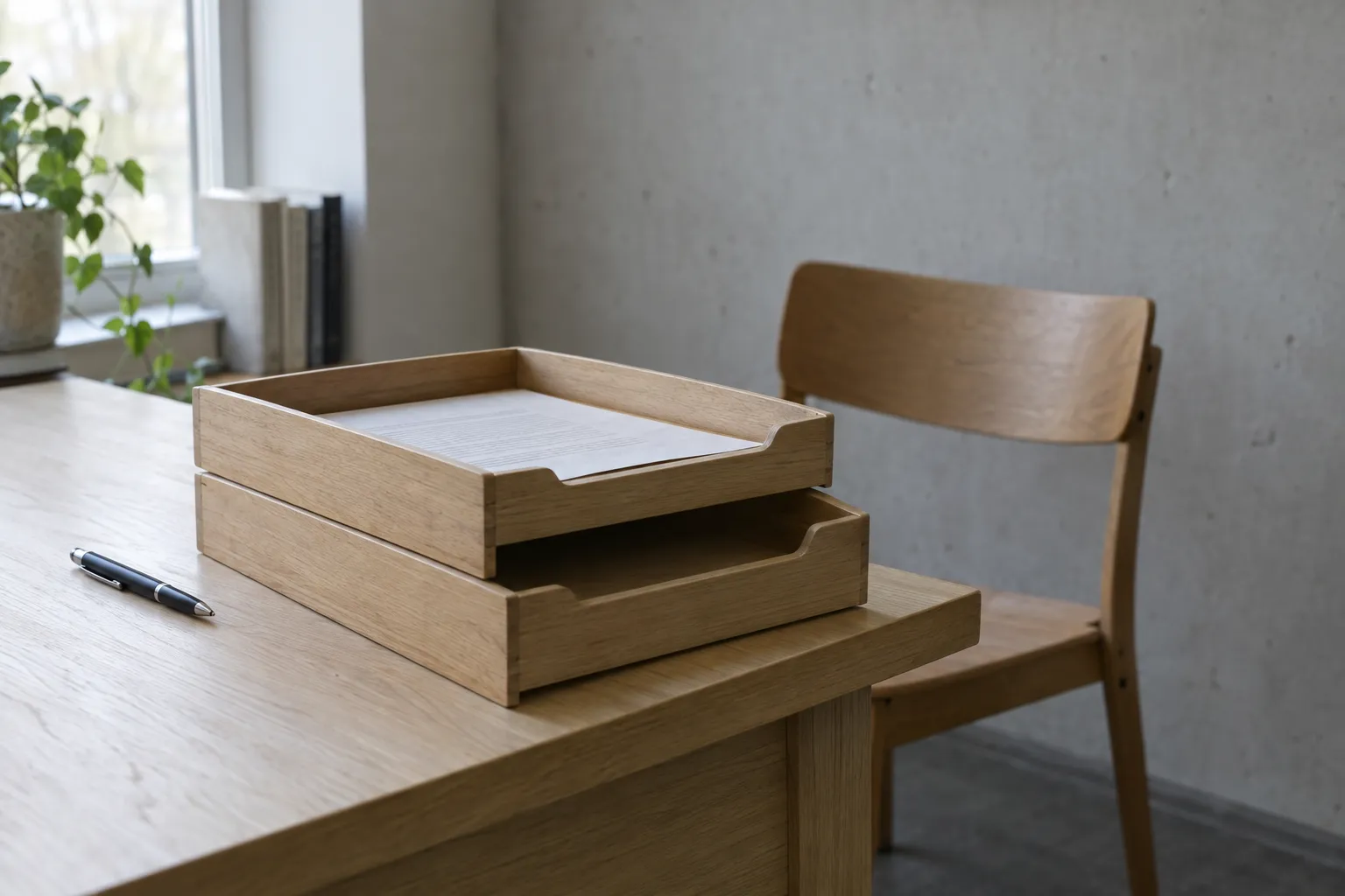 Two plain wooden document trays on the edge of an oak desk in daylight, the upper one holding a single printed sheet and the lower one empty, with a pen beside them and an empty chair pushed back from the desk.