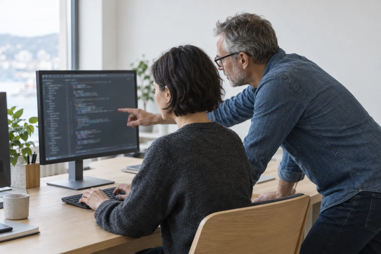 Two developers at one desk in a bright office: a woman with short dark hair at the keyboard and an older man with glasses leaning in and pointing at code on the monitor.