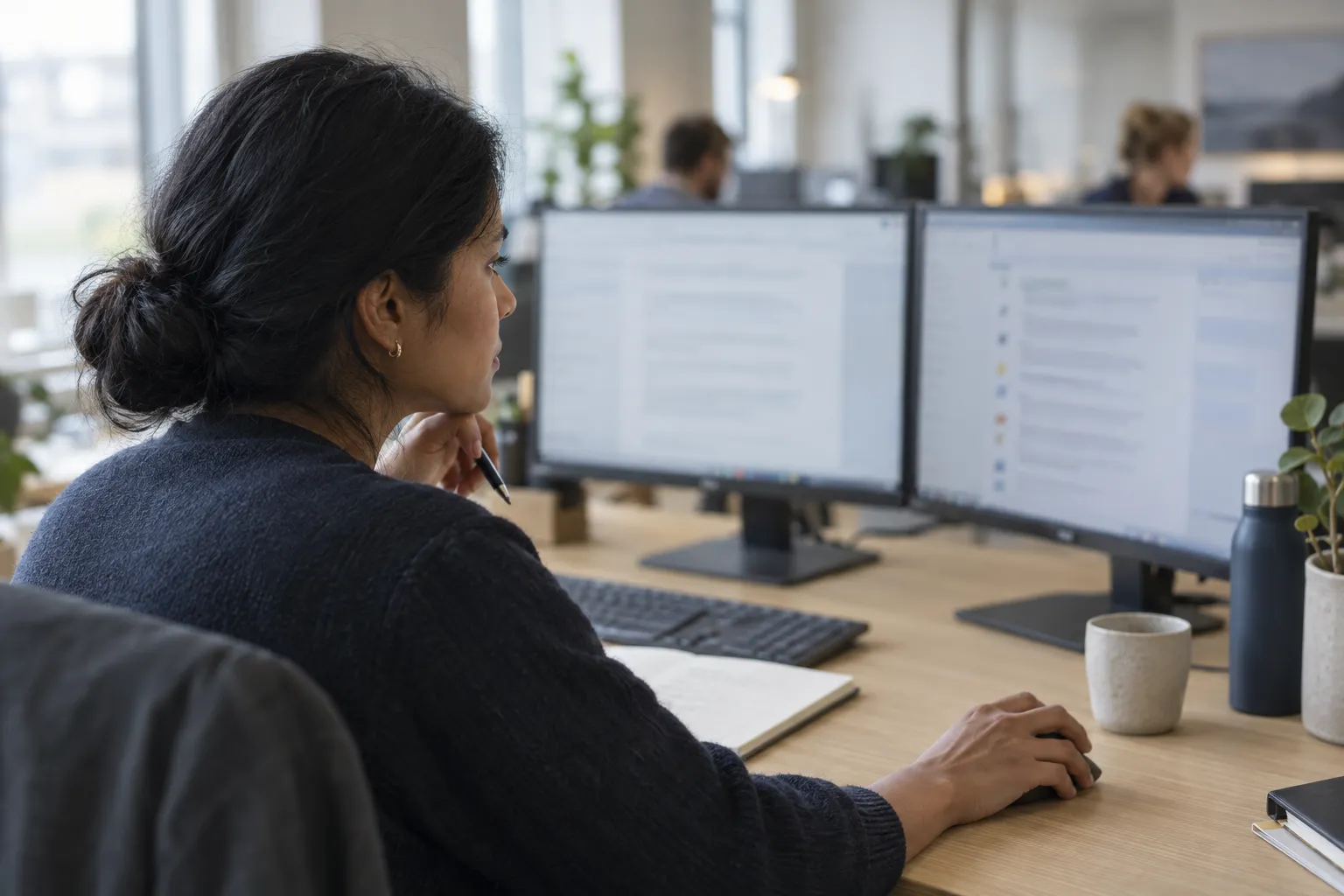 A woman with dark hair in a low bun, seen over her shoulder, pauses with a pen at her chin as she reviews two monitors at an oak desk, one hand on the mouse.