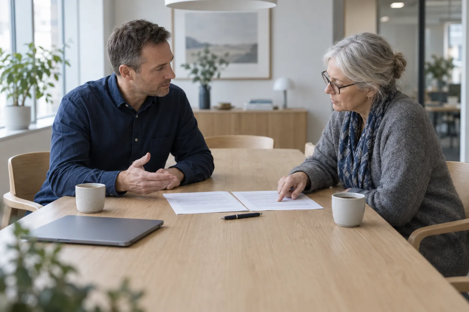 A consultant in a dark blue shirt and an older grey-haired woman with glasses talk across an oak table, with her finger resting on a two-page printed agreement between them.