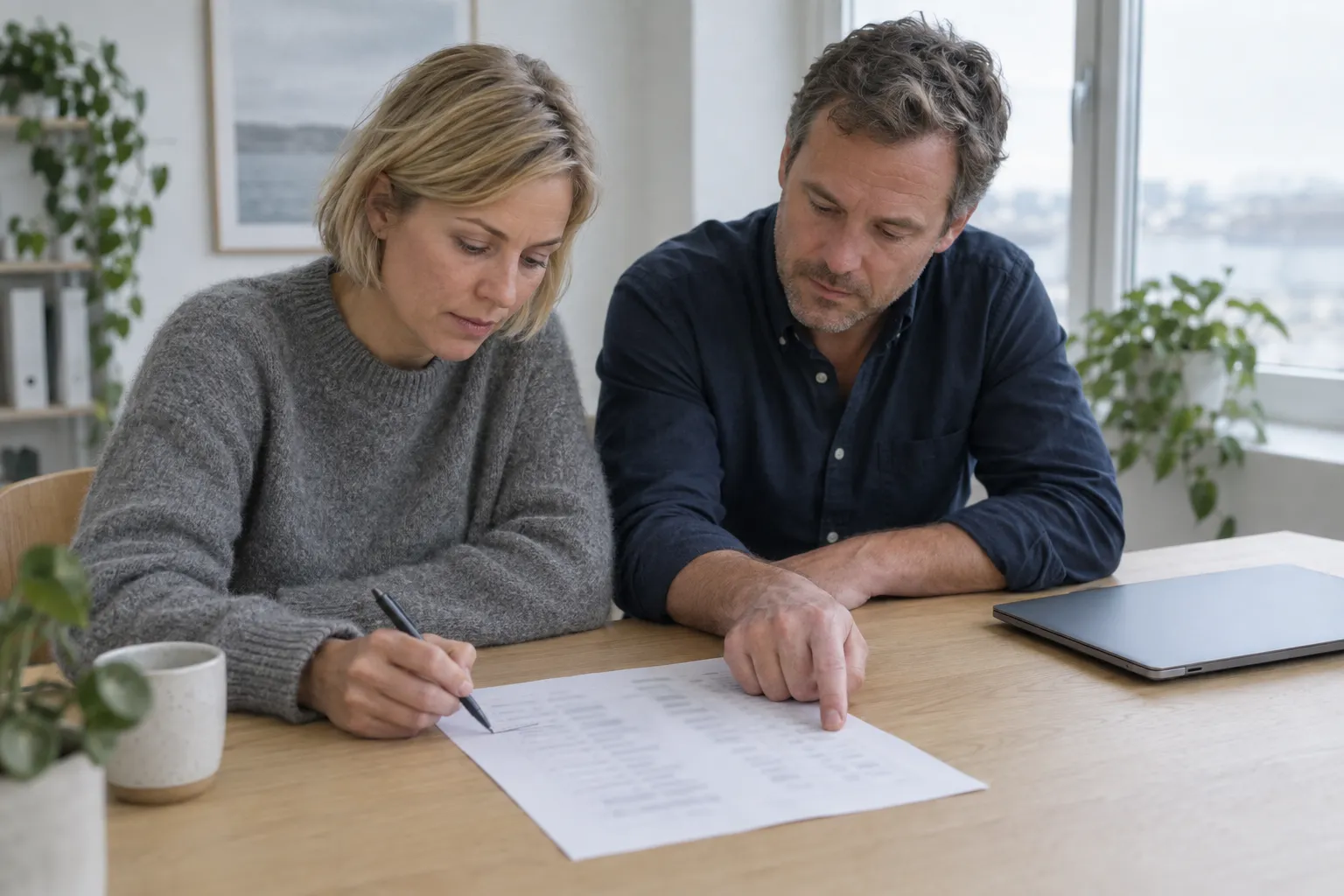 Two colleagues at an oak table in a bright office go through a short printed list; she strikes out a line with a pen while he points further down.