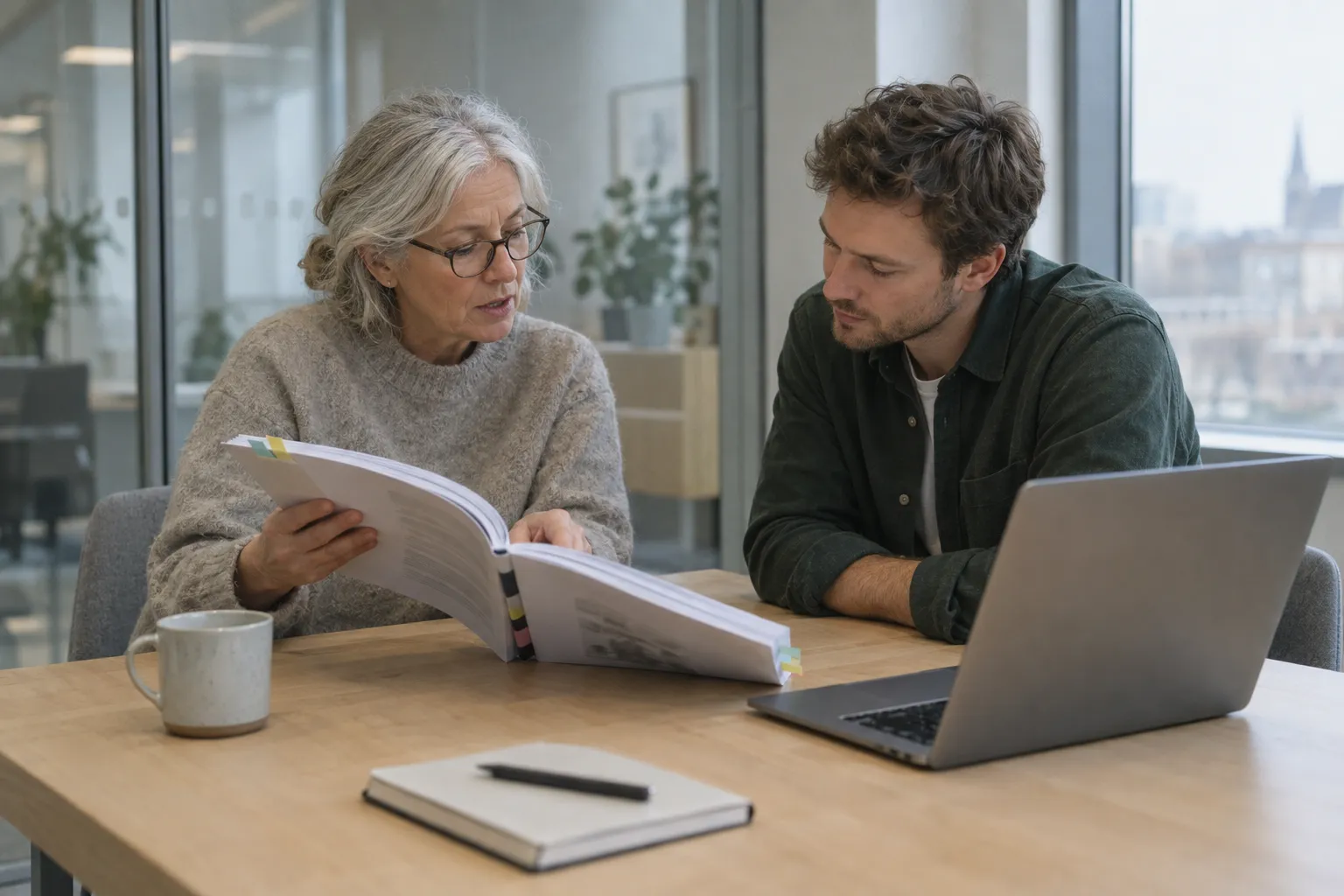 A grey-haired woman in glasses leafs through a thick, tabbed document as she explains, while a younger colleague at an open laptop listens in a glass-walled meeting room.