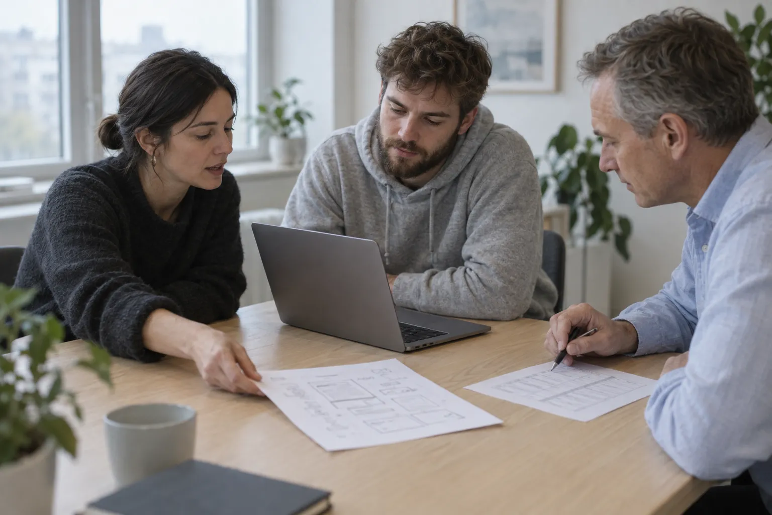 Three colleagues at the same oak table: a designer slides a screen sketch forward, a developer sits at the laptop and an older colleague makes notes on a sheet with a table.
