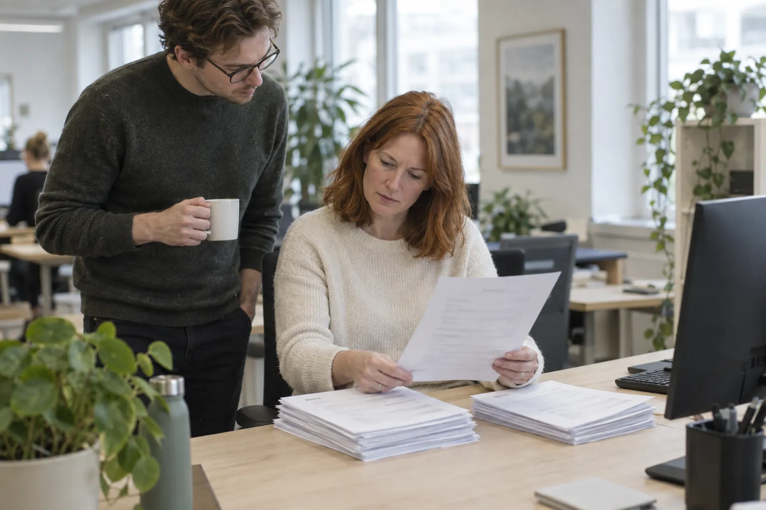 A red-haired woman at her desk sorts case forms into two piles and studies one sheet, while a colleague holding a coffee cup leans in to look at the same page.