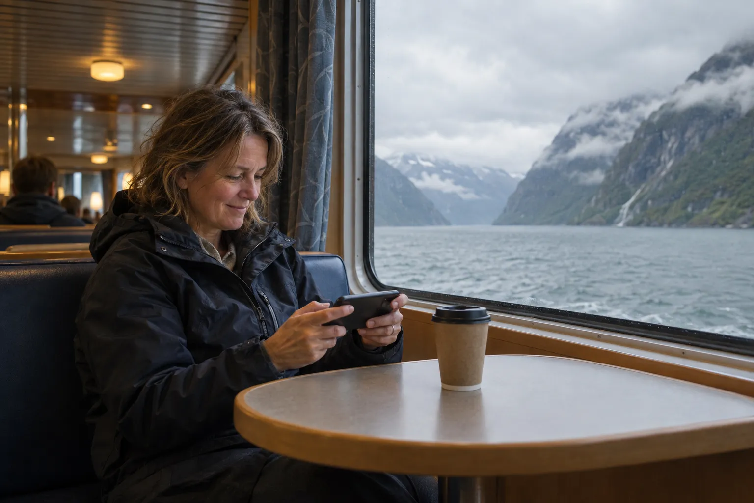 A woman in a rain jacket sits in a window booth in a ferry lounge playing on her phone, with a coffee cup on the table and fjord and mountains outside.
