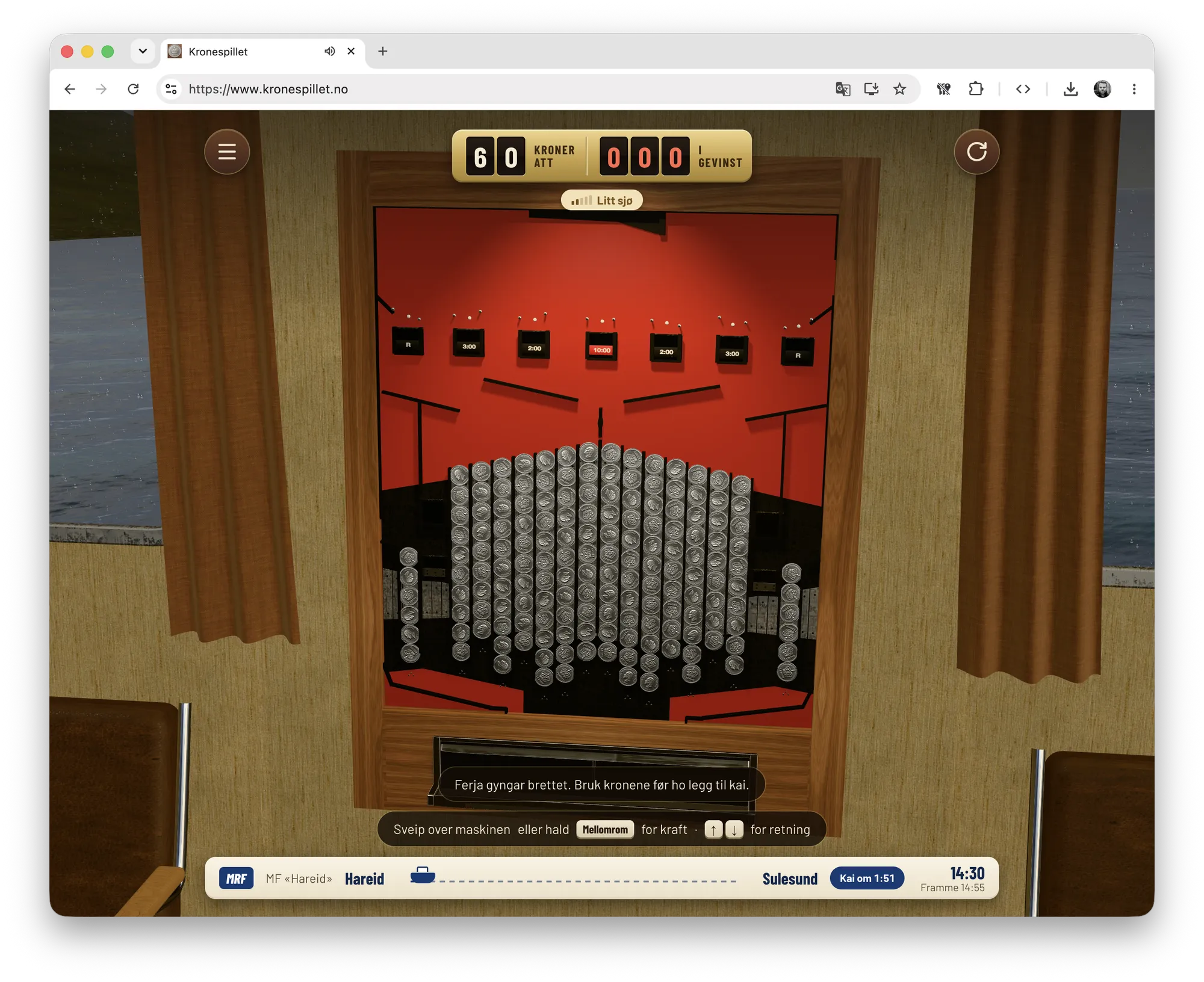 Kronespillet in the browser in ferry mode: the red machine with its coin stacks in the lounge of MF «Hareid» between Hareid and Sulesund, with 60 kroner left and some swell.