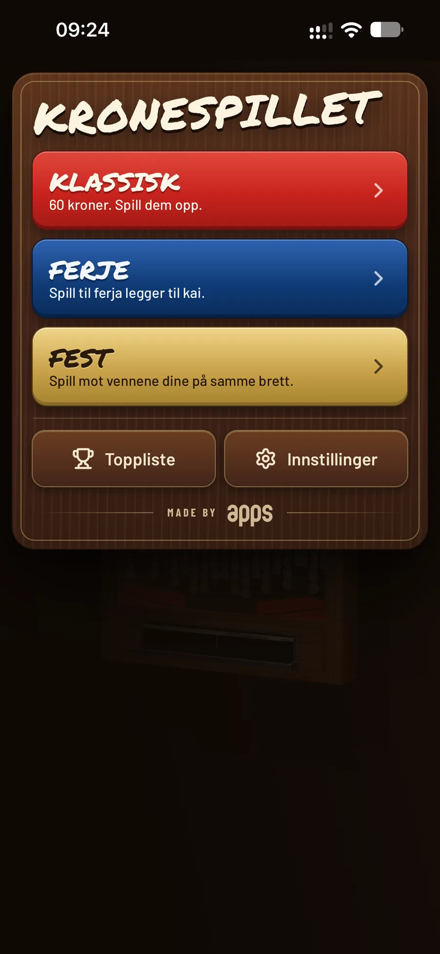 The Kronespillet start menu on a phone with the modes Classic, Ferry and Party, and buttons for high scores and settings.