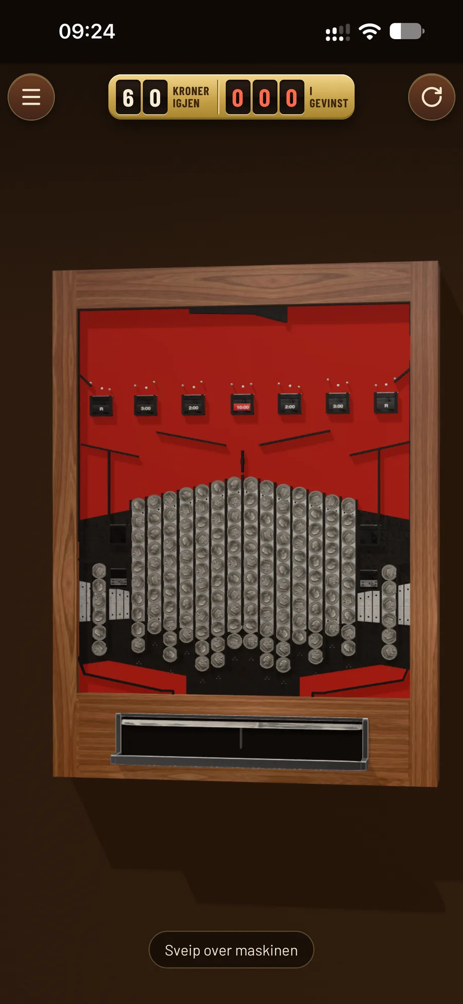 The Classic board on a phone: the red machine with its coin stacks, 60 kroner left and 0 won.