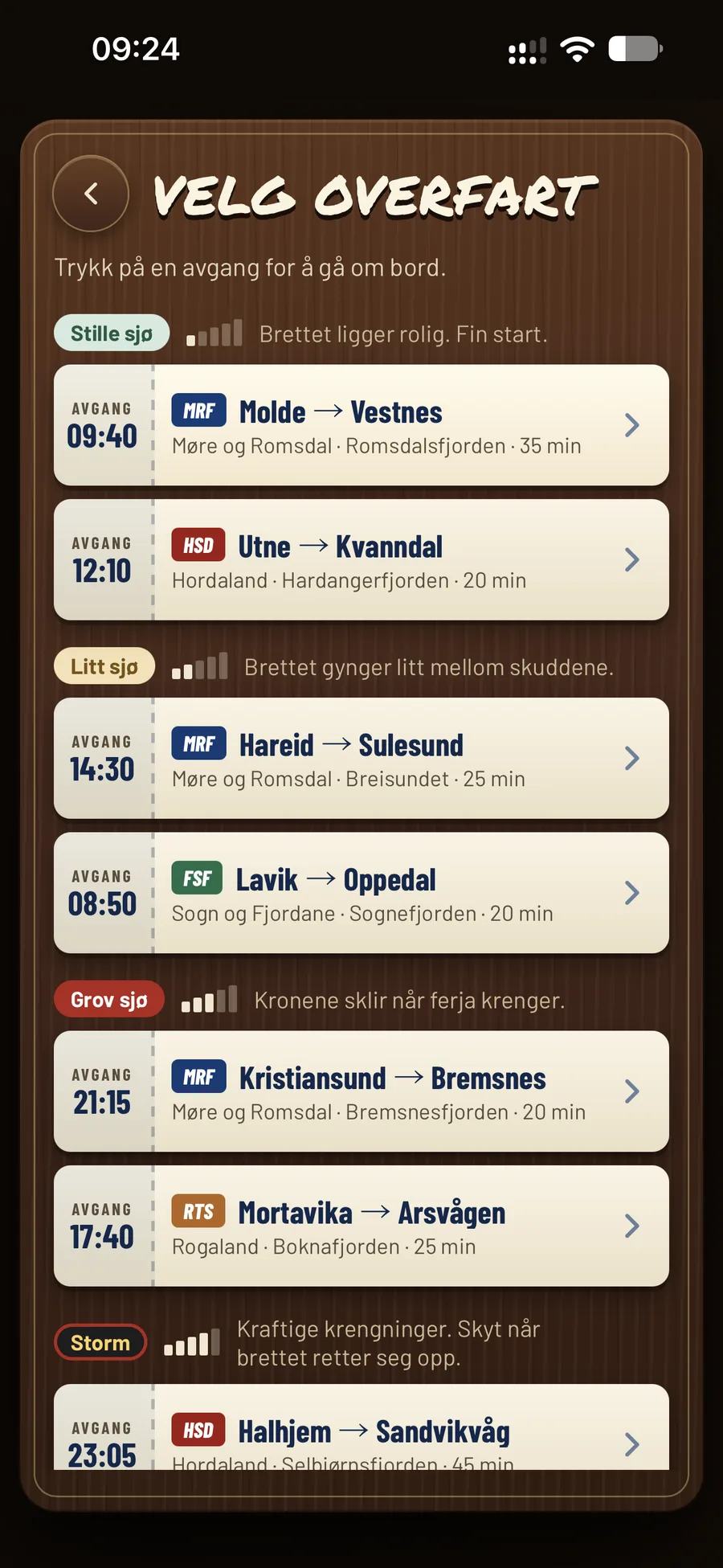 Choosing a crossing in Kronespillet on a phone: ferry tickets with departure time, ferry company and route, grouped by sea state from calm to storm.