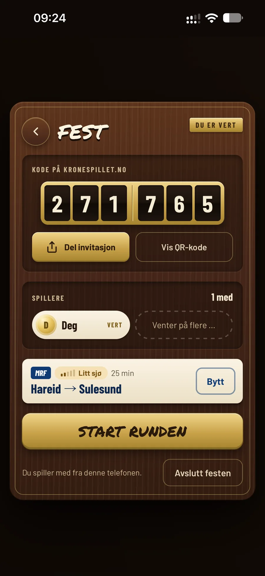 Party mode in Kronespillet on a phone: a six-digit code for inviting friends, the list of players and the chosen crossing Hareid–Sulesund.