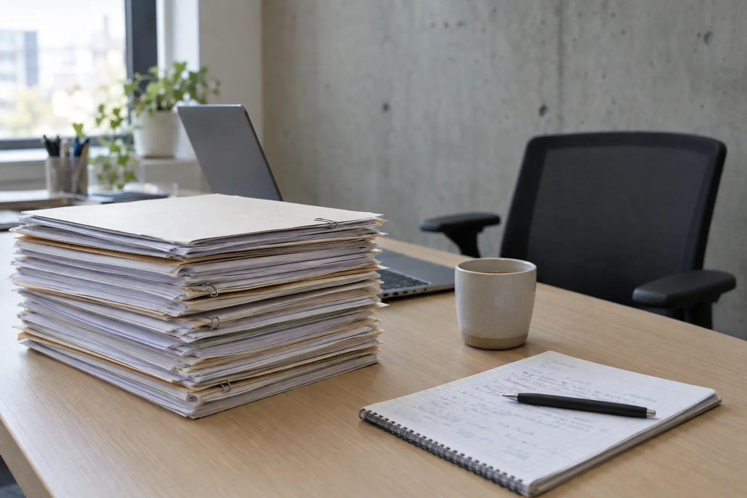 A tall stack of printed application folders held with paper clips on an oak desk, next to a laptop turned away, a coffee cup and a notebook with handwriting. The office chair in front of a concrete wall is empty.