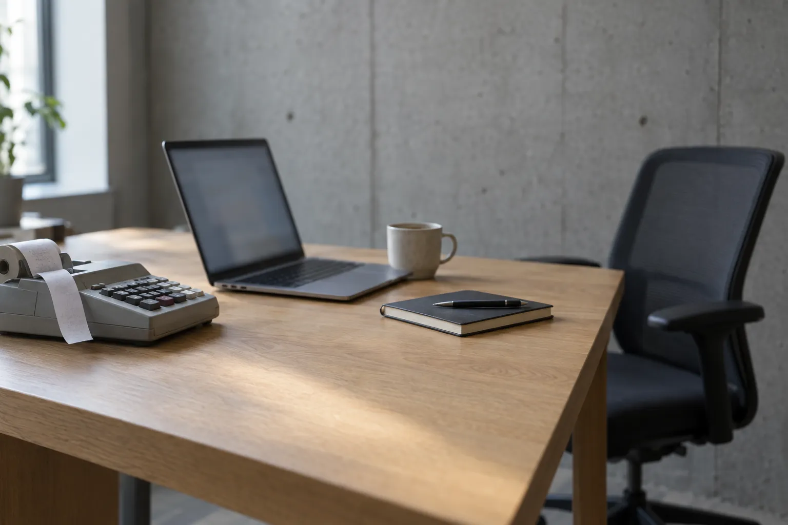 An old desk calculator with a paper roll pushed to the edge of an oak desk, an open laptop with a blurred screen, a coffee cup and a notebook with a pen, and an empty office chair in front of a concrete wall.