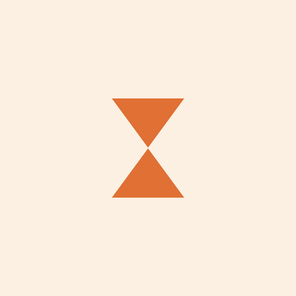 Two orange triangles meeting at their points like an hourglass on a pale cream background