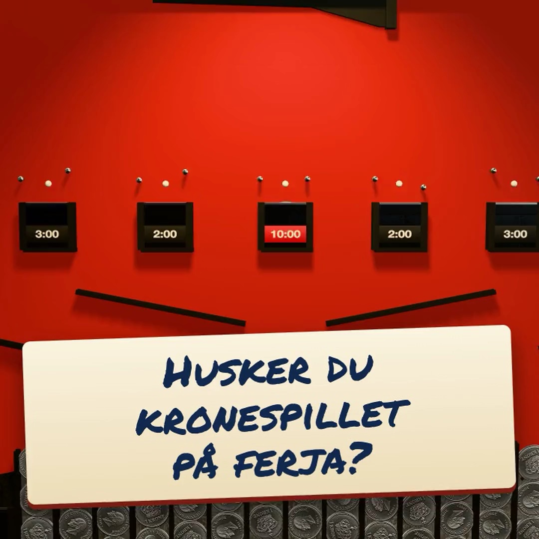 Promo film for Kronespillet, with captions in Norwegian. “Do you remember the coin game on the ferry?” over the red machine, then its coin stacks, “(That was 40 kroner ago …)” and “Kronespillet is back!”. The ferry lounge with the fjord outside, “Hurricane – 1 January 1992” as rain lashes the windows, coffee and a waffle on the table, and the game under way with 60 kroner. It ends with “The ferry has docked” and 20 kroner won, and “Kronespillet – the classic from the ferry, now in the browser. Play for free at kronespillet.no”.