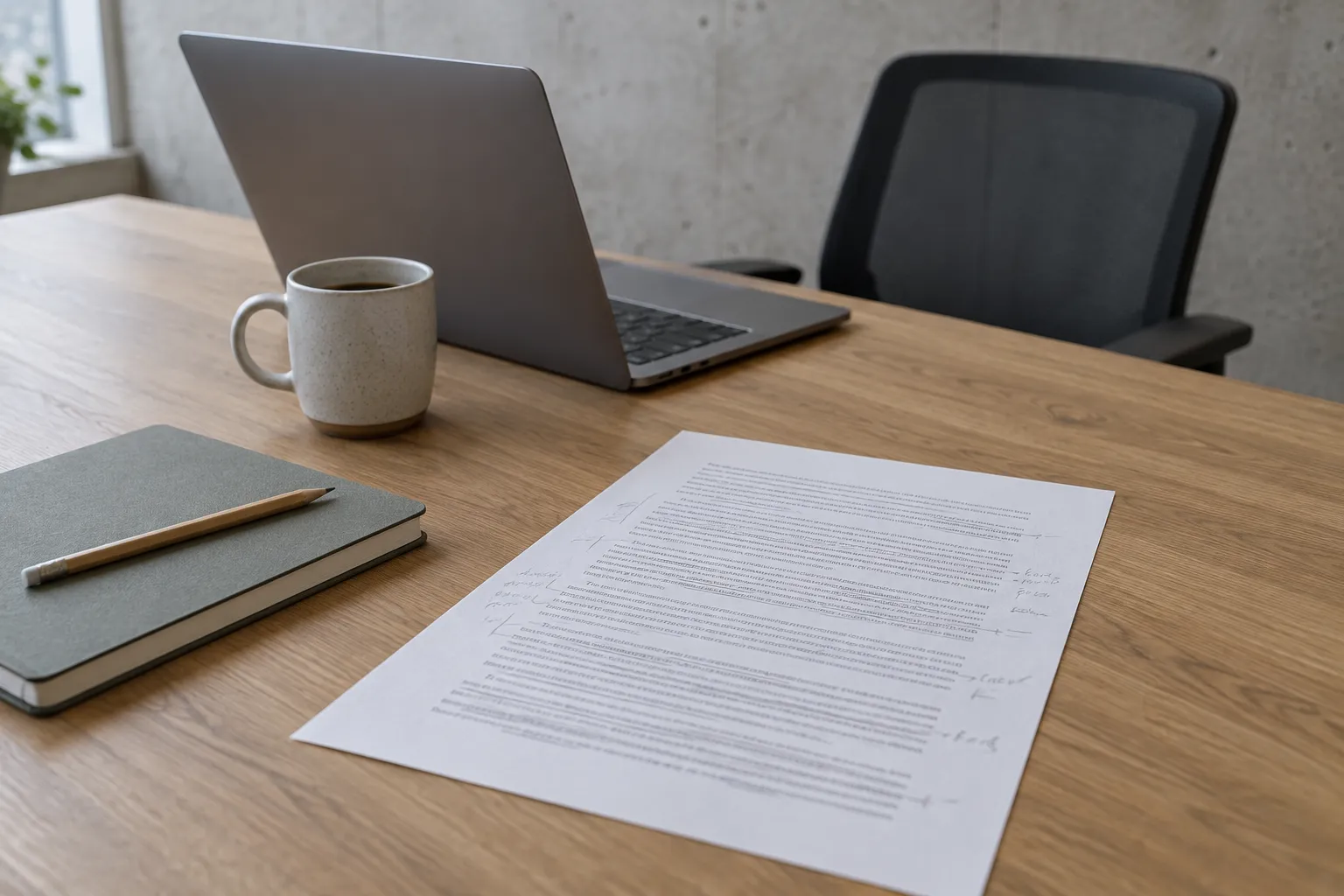 A printed sheet of dense text with pencil corrections in the margin lies on an oak desk next to a closed sketchbook with a pencil, a coffee cup, a laptop turned away and an empty office chair in front of a concrete wall.