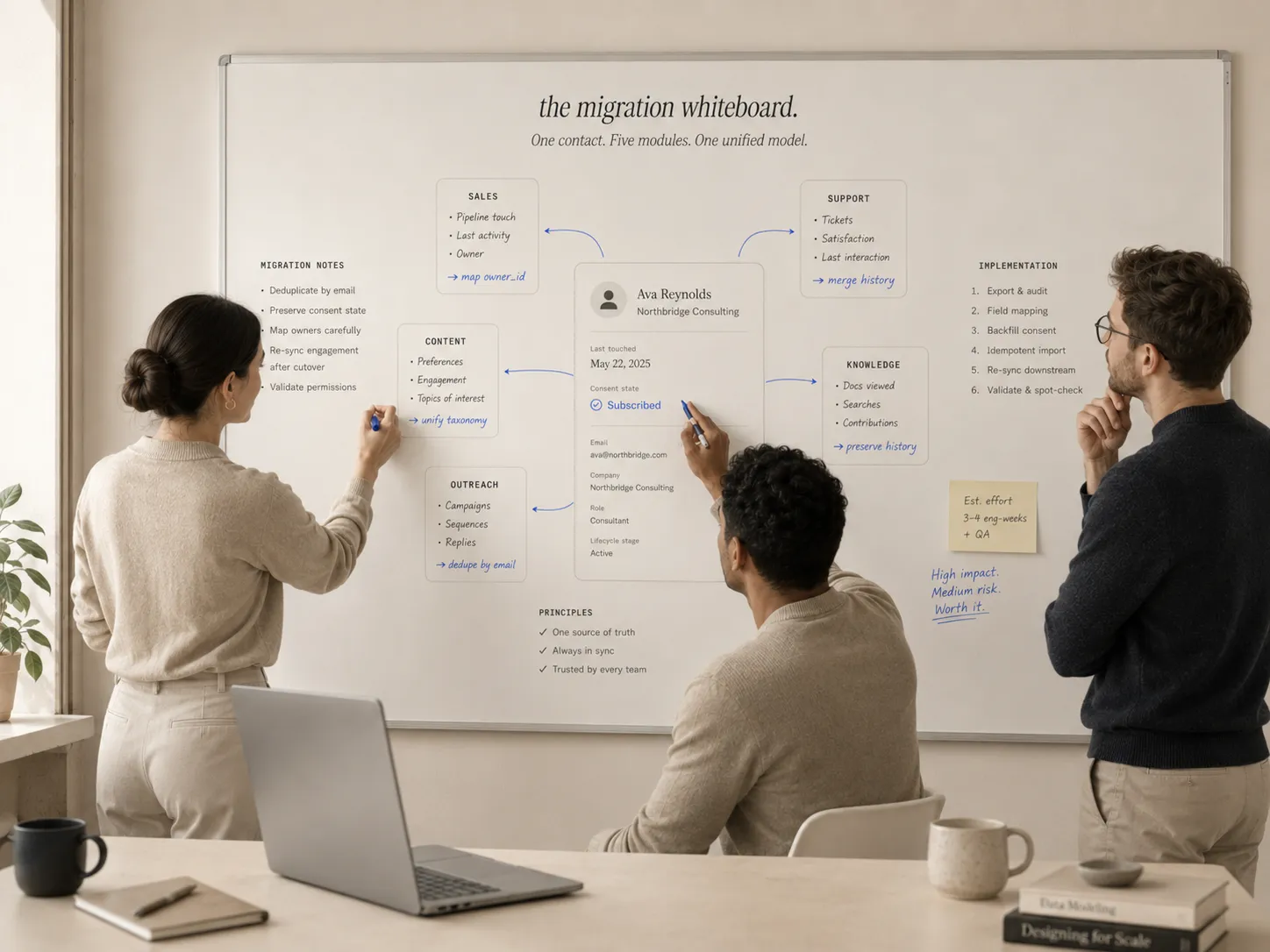 A team at a whiteboard mapping one unified contact record across Sales, Support, Content, Outreach, and Knowledge modules.