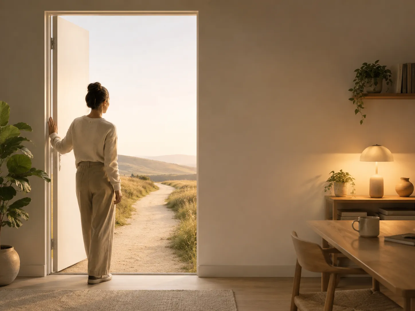 A woman stands in an open doorway of a warm, lamp-lit room, looking out at a sunlit path winding through rolling hills.