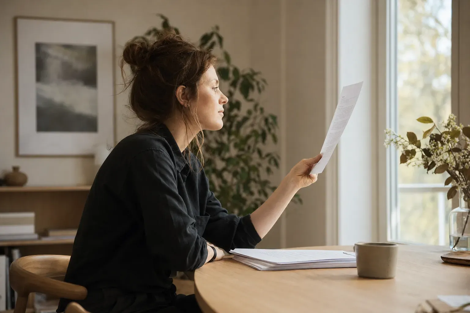 A person by a window holds a single printed page up to the daylight to read it closely, a small stack of other pages on the table beside them — checking the licence before choosing.