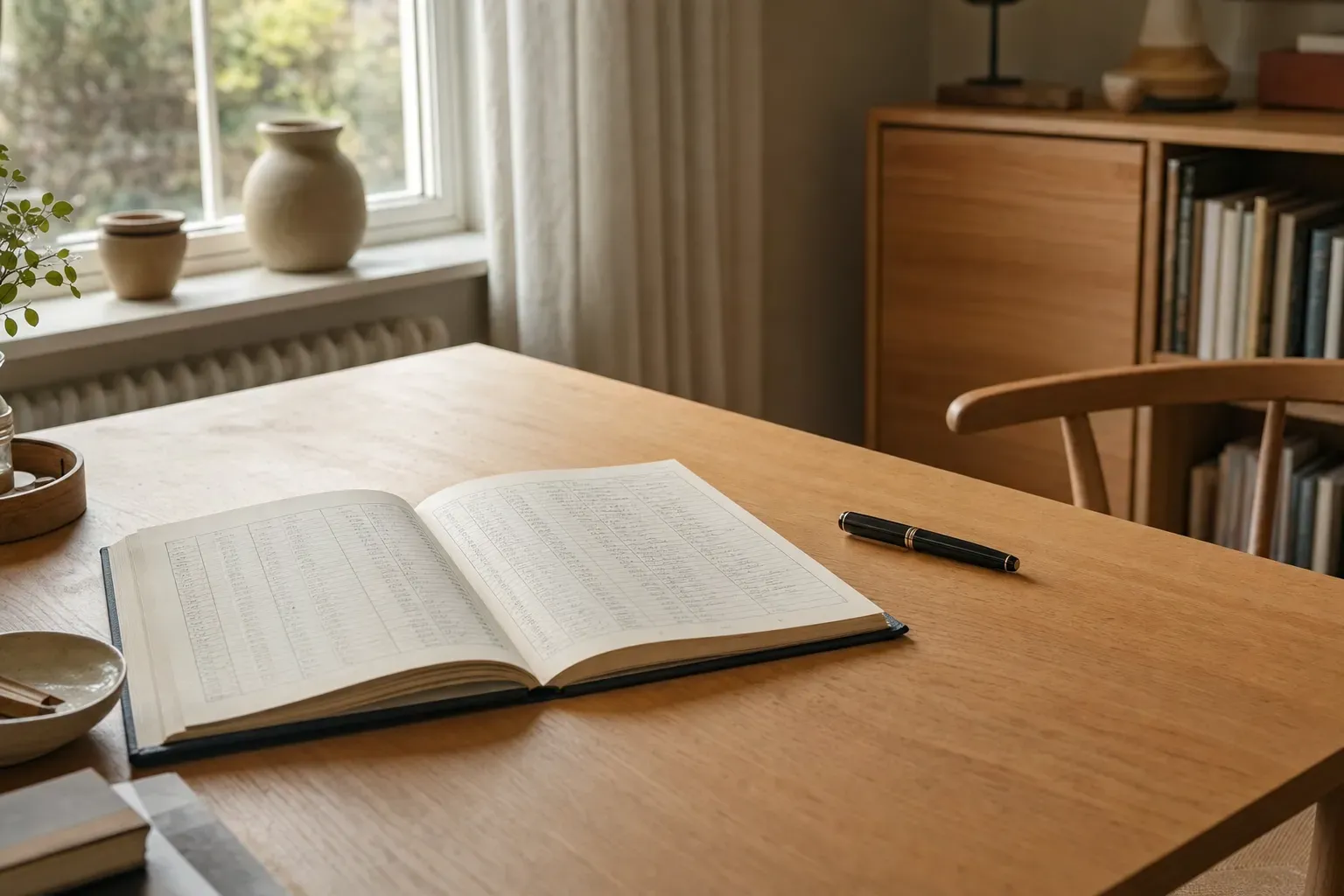 An open ledger on a sunlit desk with its columns already filled in, a capped fountain pen resting untouched beside it and the chair empty — the record filled itself in.