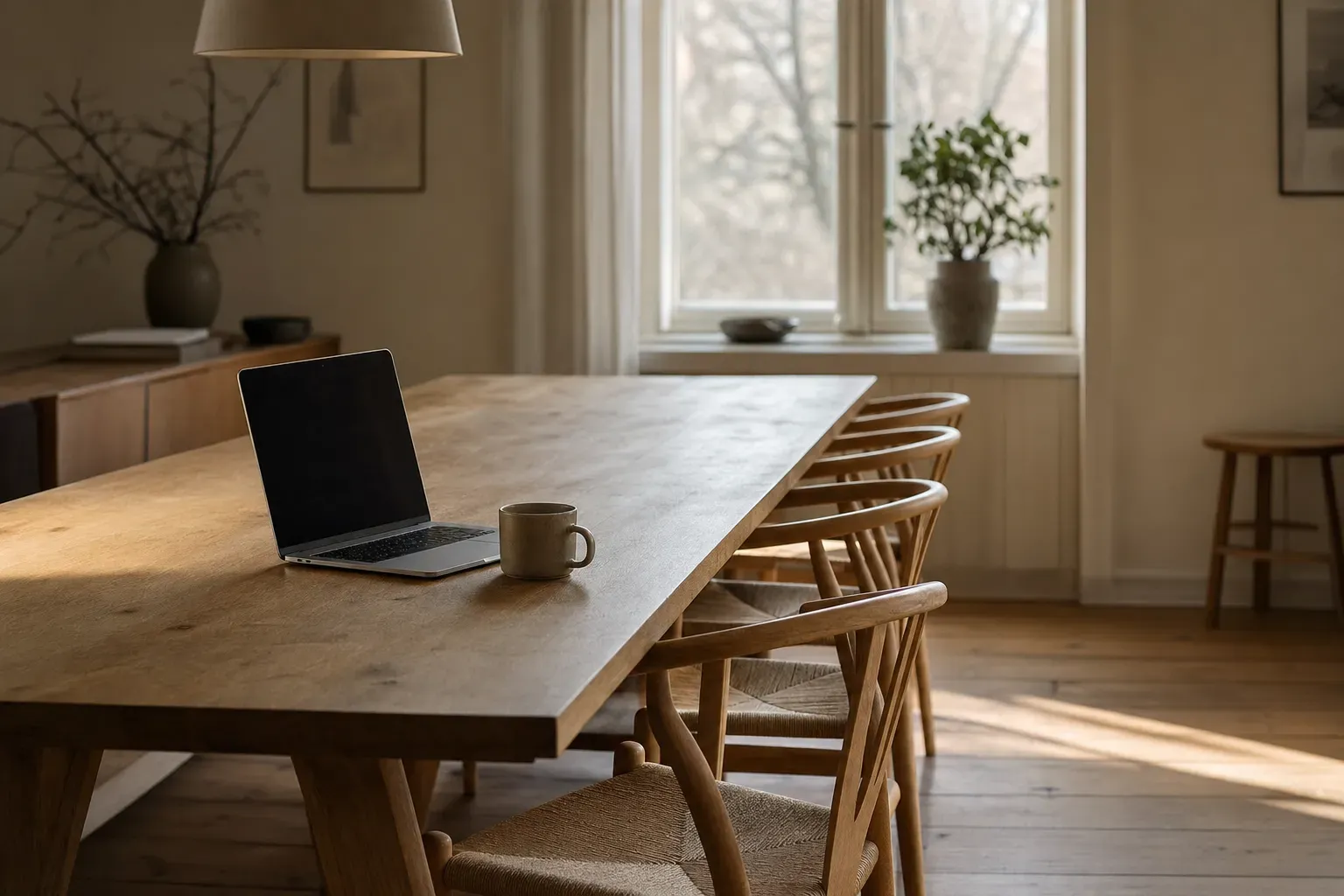 A long wooden table in morning light with one chair pulled out, a single cup and laptop at it, and the other places empty — a company of one running six departments.