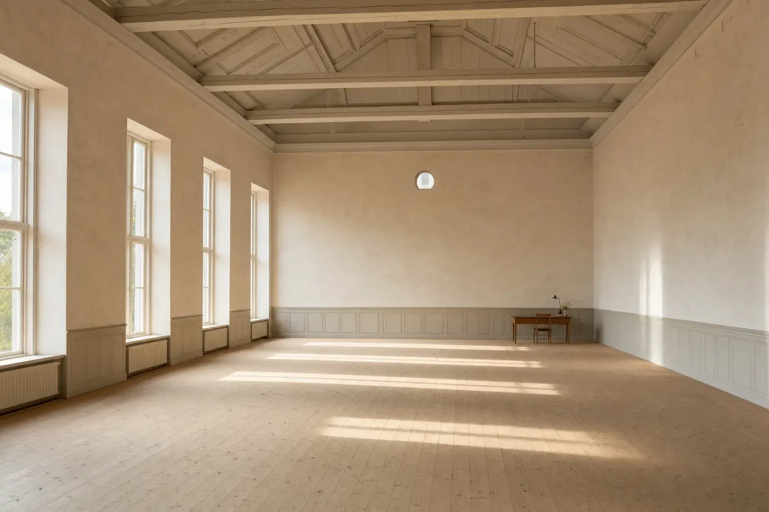 A vast, almost empty high-ceilinged hall with tall sunlit windows, and a single small wooden desk tucked in one far corner — paying for the whole building to use one room of it.