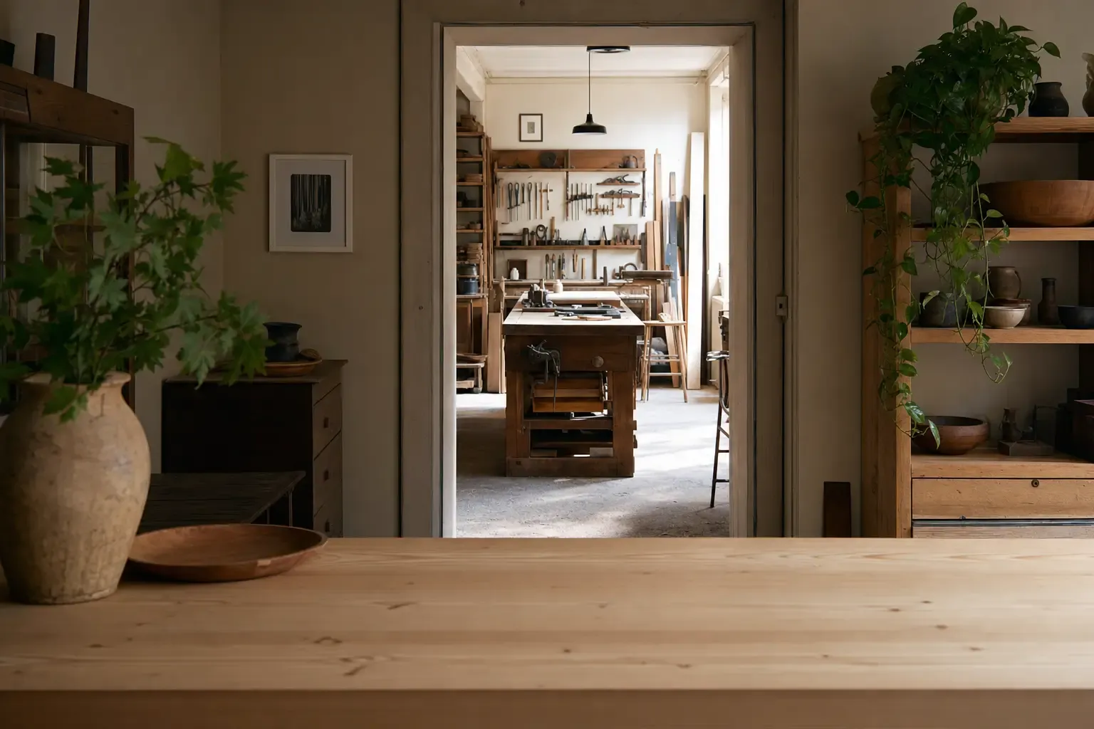 Looking across a quiet shop counter through an open doorway into the lit workshop behind it — the place customers reach you and the place things get made, in one frame.
