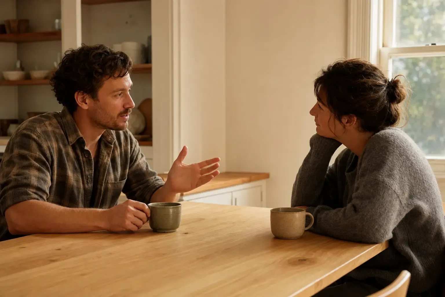 Two people mid-conversation across a bare kitchen table with only two mugs between them, one gesturing as they explain something — asking for what you want in plain language.