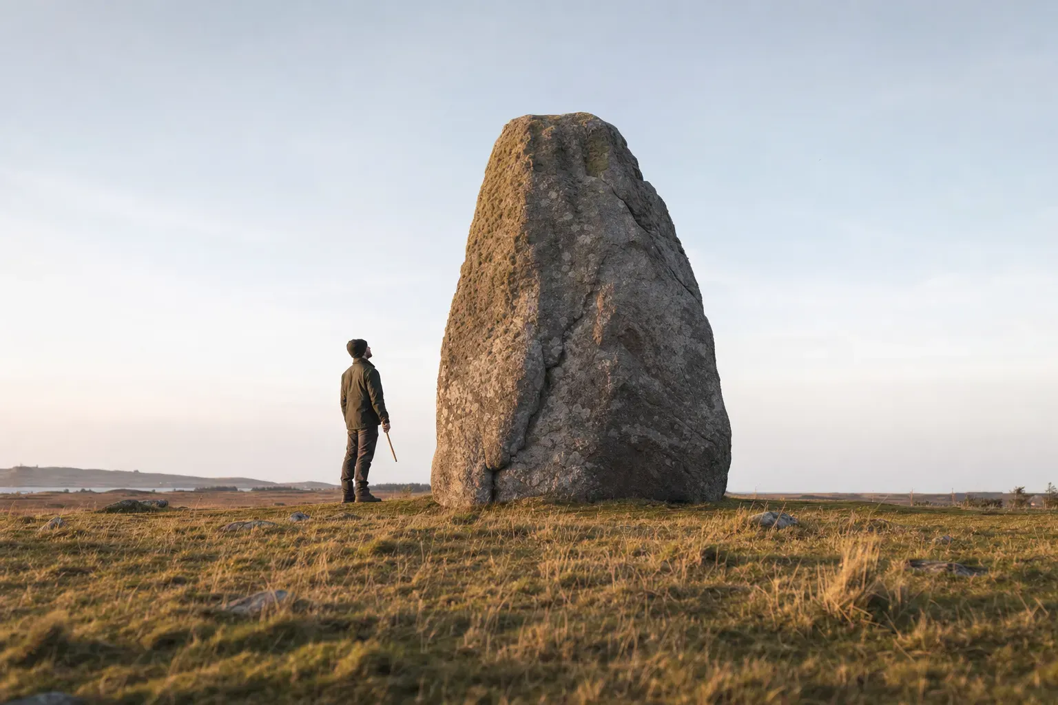 A person stands beside a granite boulder in an open field at dawn, holding a folding wooden ruler far too short to measure it — a unit of measurement that no longer fits the thing.